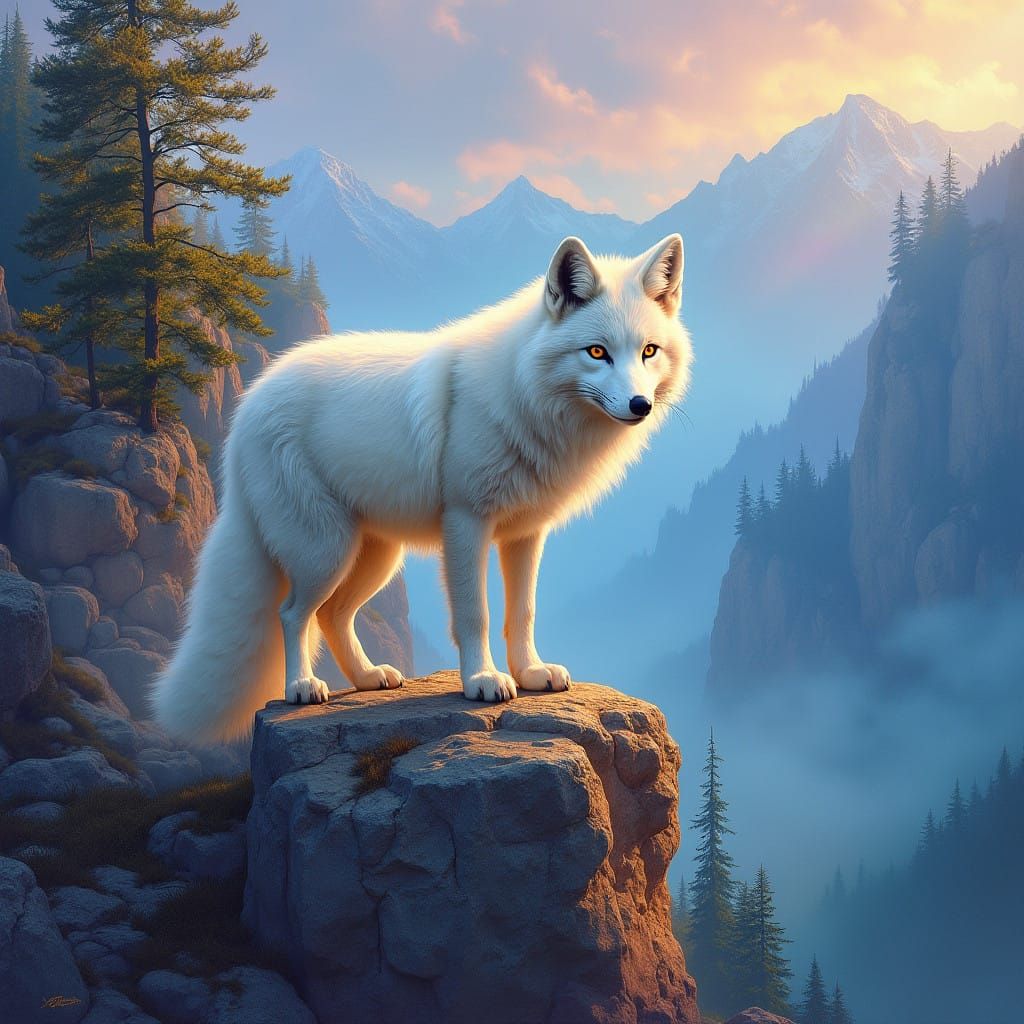Majestic White Fox in Vibrant Mountain Landscape