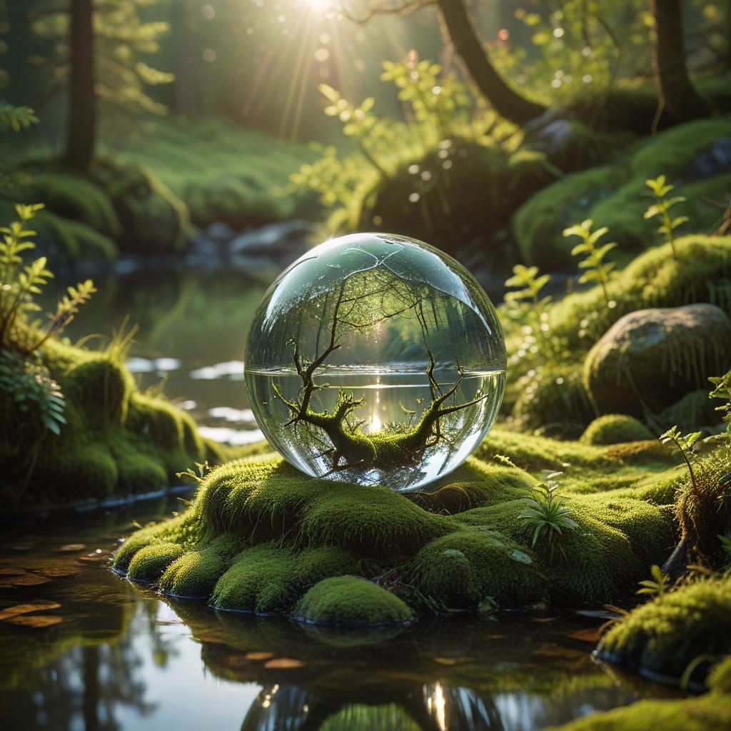 Crystal Sphere Reflects Highland Lake: Surreal Scene