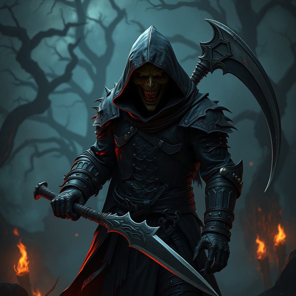 Dark Fantasy Assassin with Grotesque Face in Tattered Armor