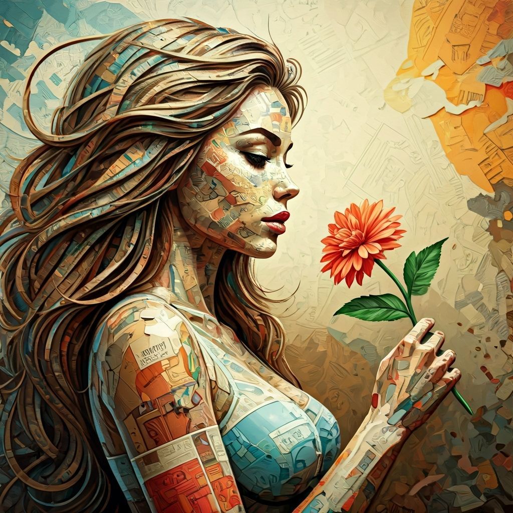 Collage Woman Holding Paper Flower, Vintage Comic Art