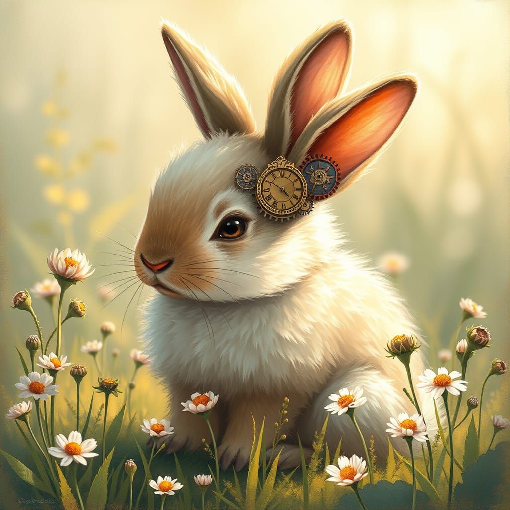 Whimsical Steampunk Rabbit in Sunlit Meadow