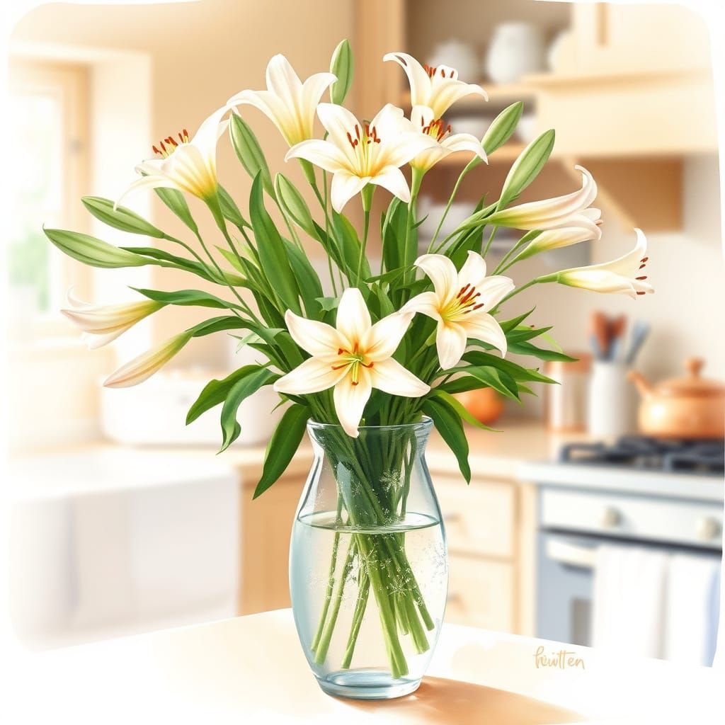 Lily Flowers in Crystal Vase, Watercolor Painting