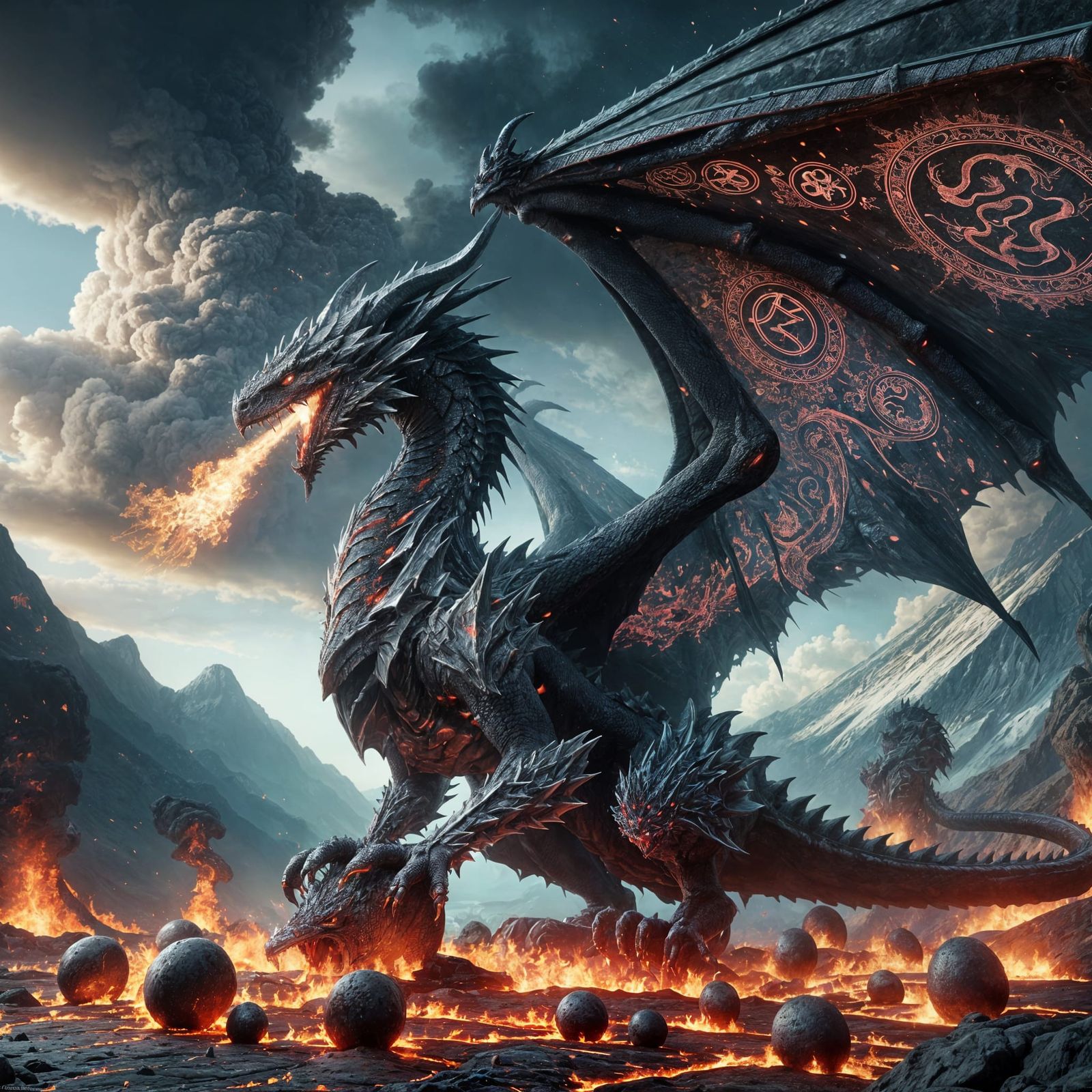 Majestic Fire Dragon Guarding Eggs in Volcanic Landscape