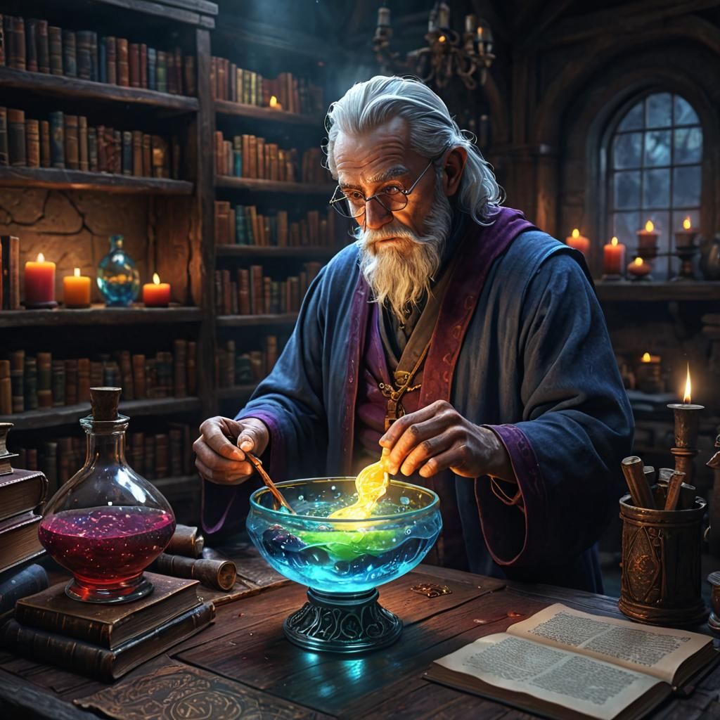 Epic Fantasy Mage Creates Glowing Potion