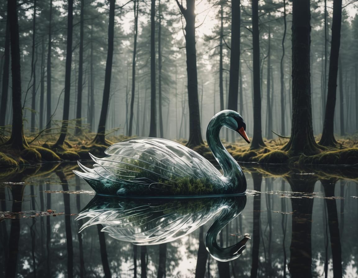 Nordic Glass Swan Silhouette with Forest