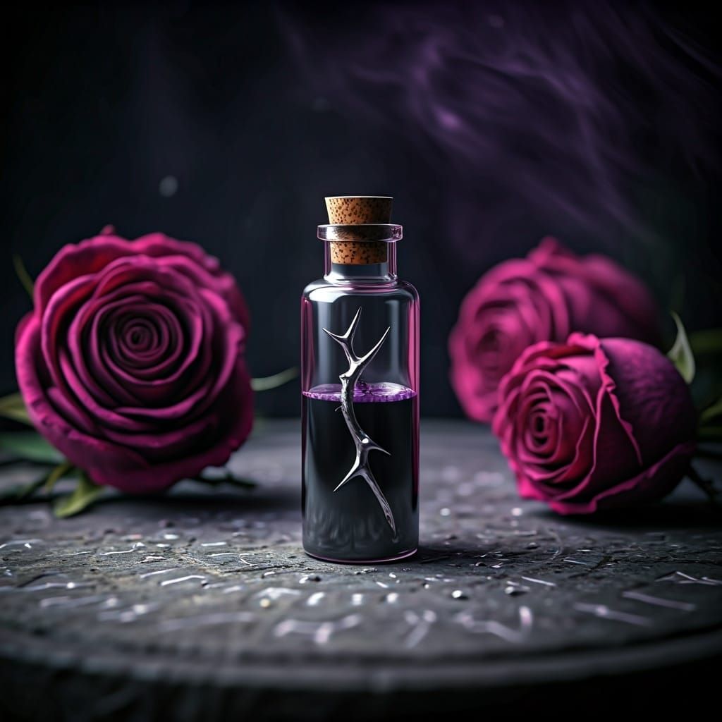Violet Elixir in Black Vial, Mystical Dreamscape