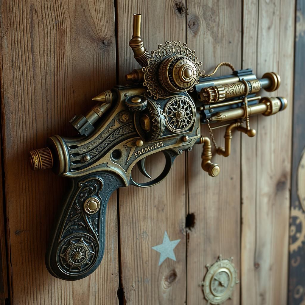Steampunk Memento Mori Gun with Brass Filigree