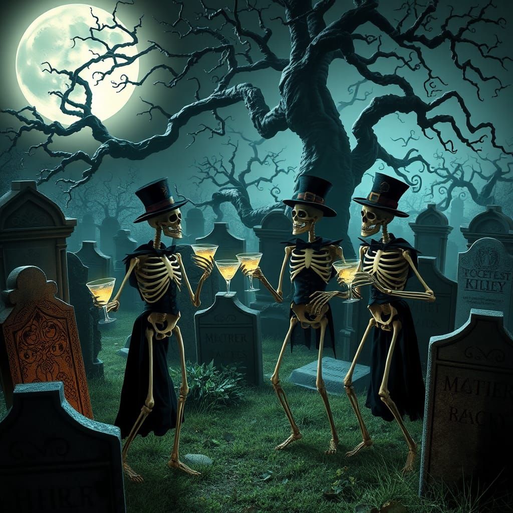Eery graveyard in moonlight, skeletons having a party