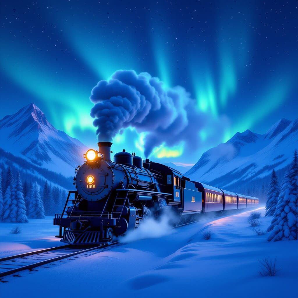 Steam Train Under Northern Lights in Snowy Mountains