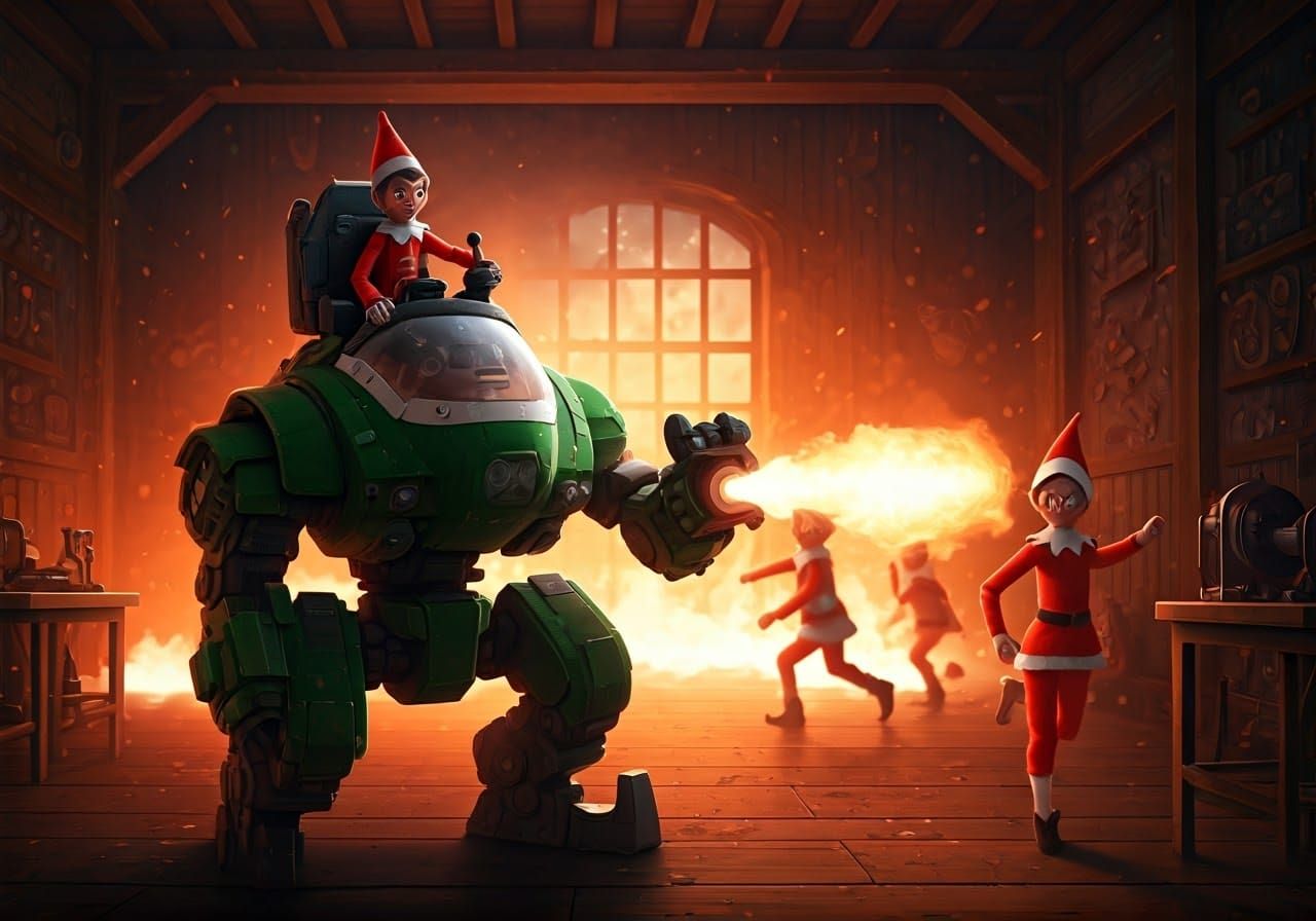 Angry Elf Mech Pilot in Burning Workshop