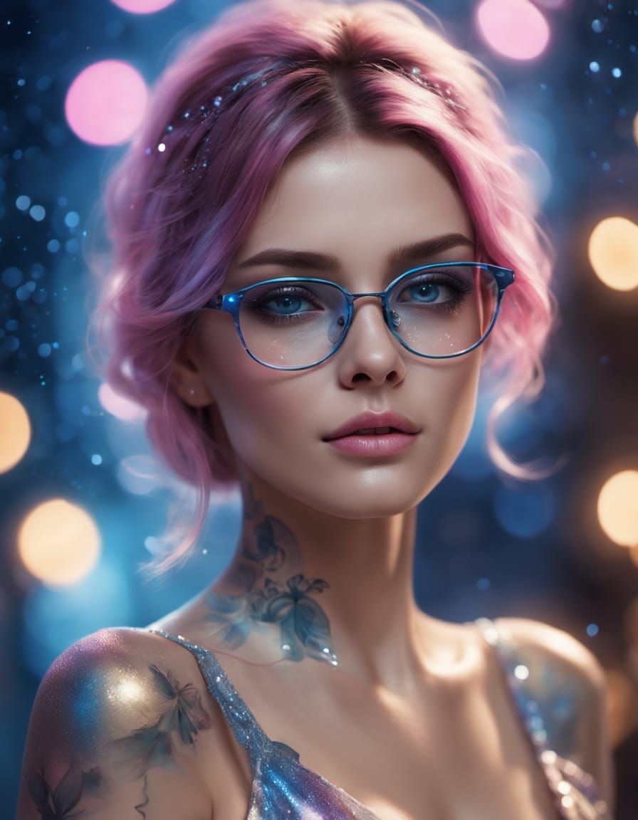 A captivating woman with intricate tattoos adorning her arms and décolletage, wearing delicate glasses and an elegant, s...