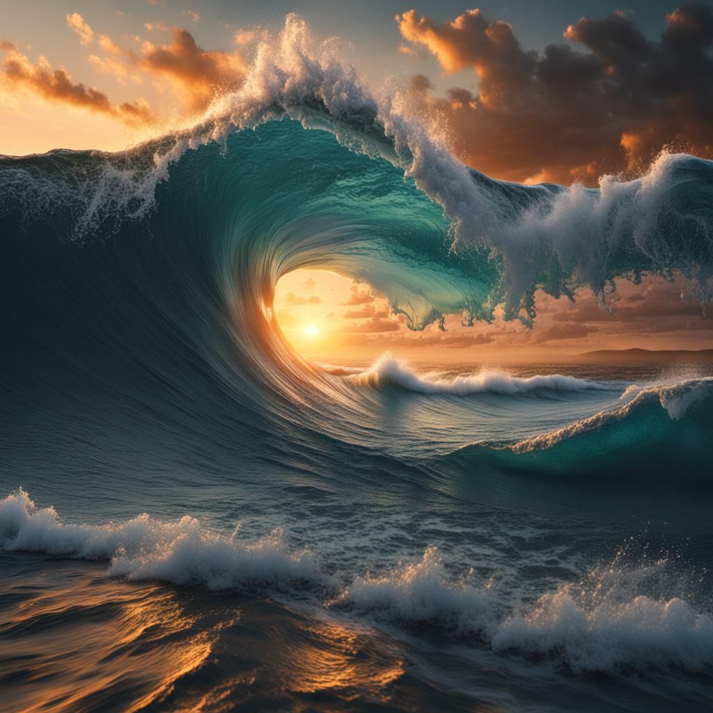 Epic Ocean Waves at Sunset: Digital Matte Painting