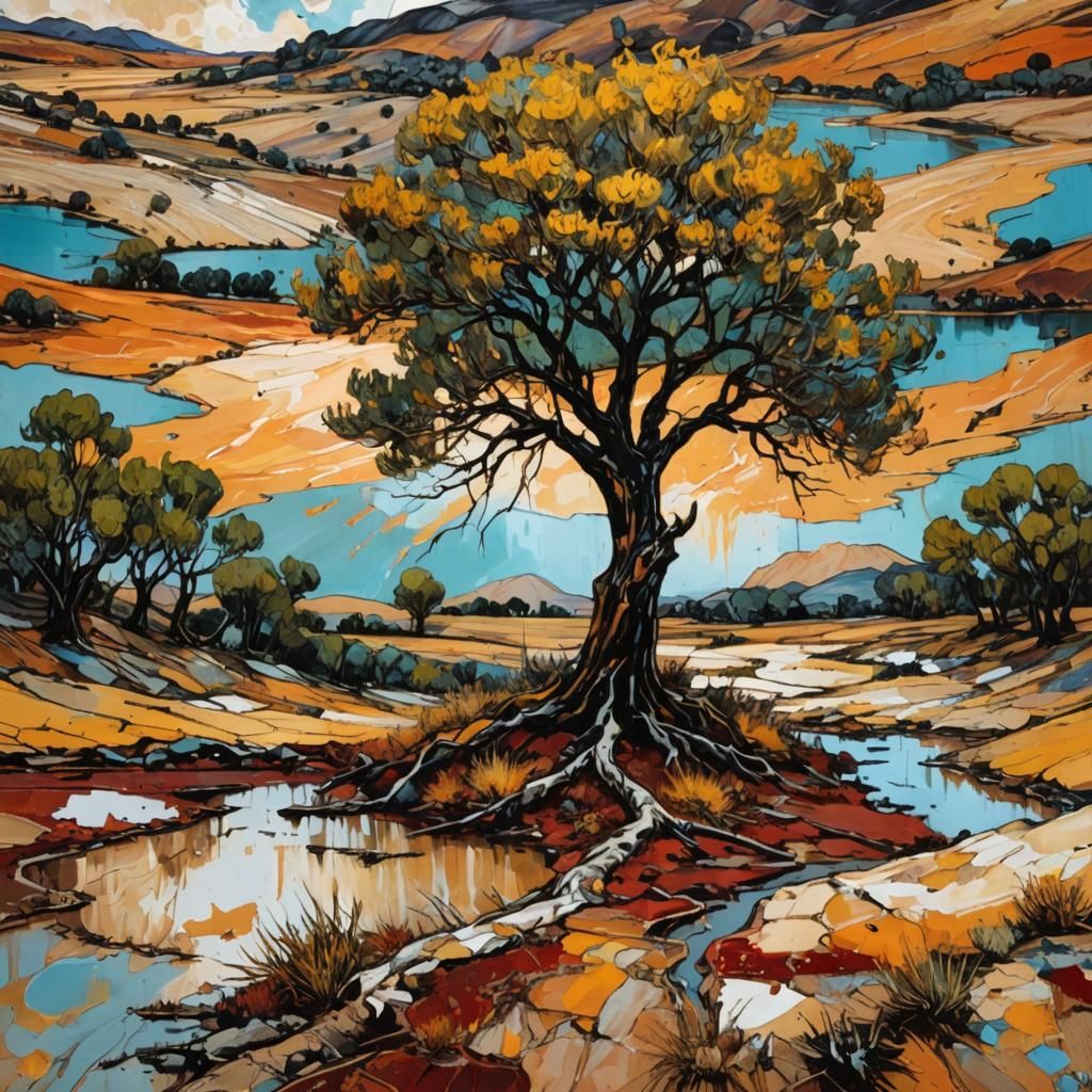 Solitary Tree in Surreal Dry Landscape, Tachisme Brushwork