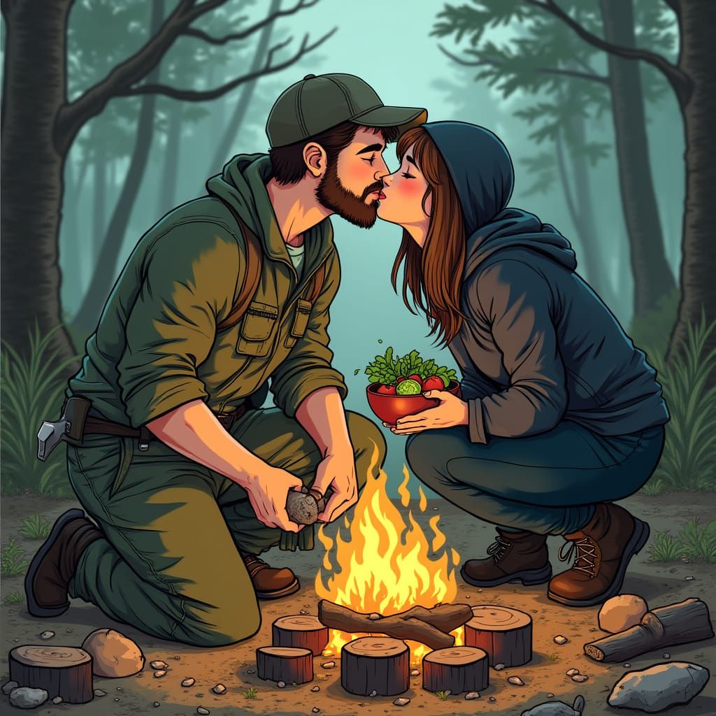 Affectionate Couple in Forest, Comic Book Illustration