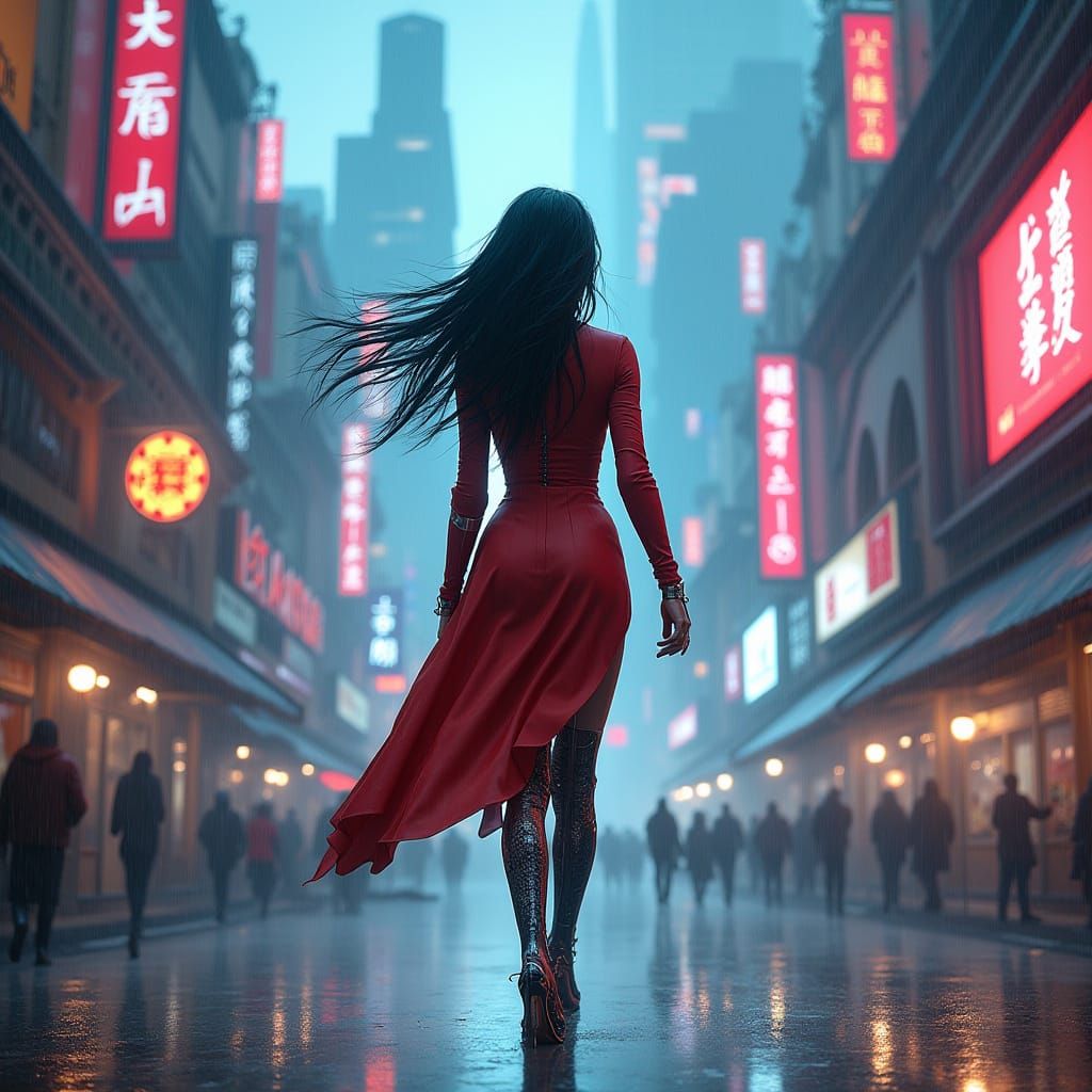 Cyborg Goddess in Neon Cyberpunk Metropolis