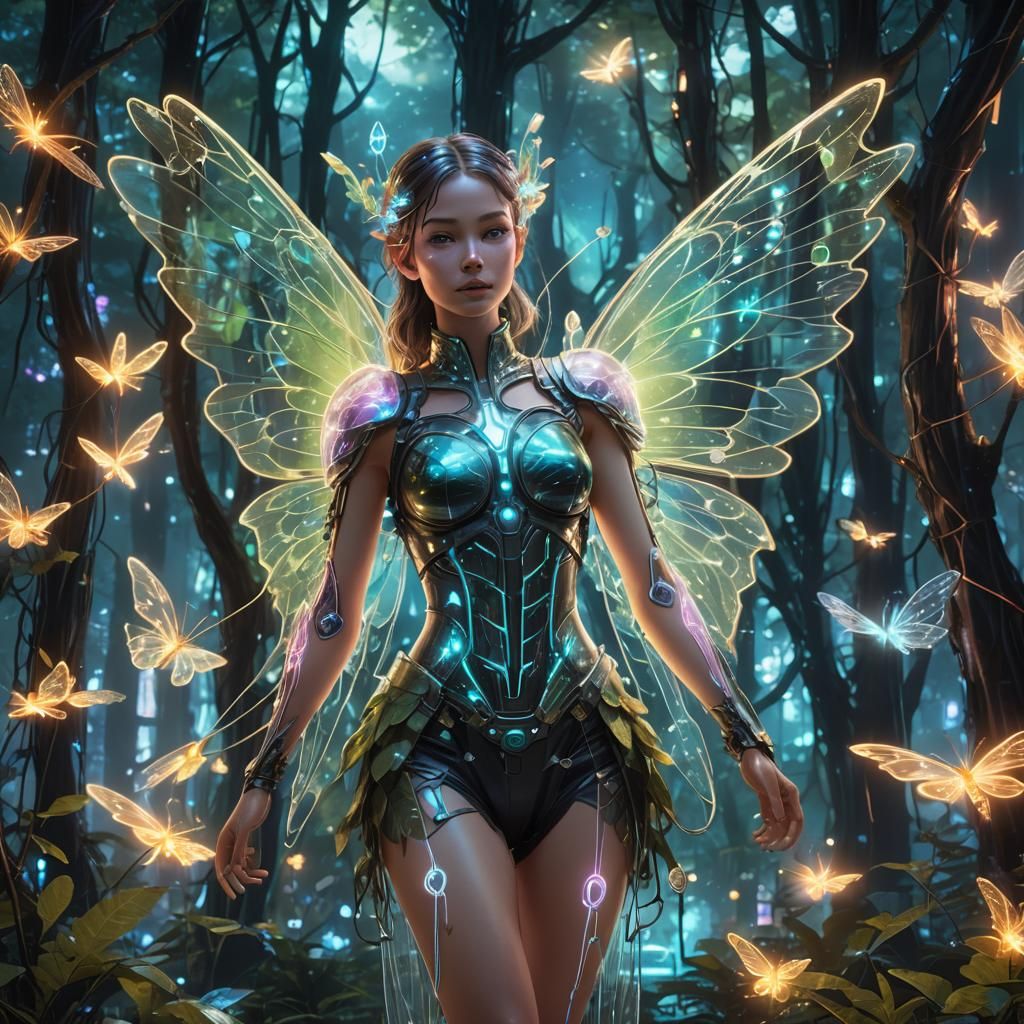 Circuitry Fairy in Bioluminescent Cyber Forest