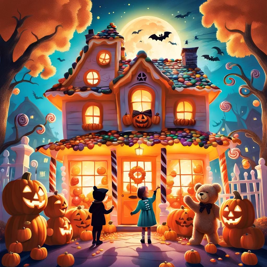 Whimsical Halloween Candy House Illustration