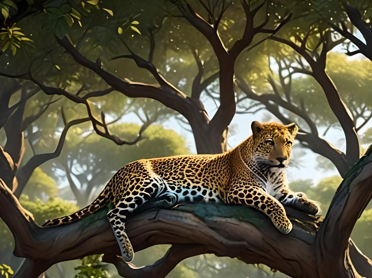 Leopard Resting, Savanna Scene in Detailed Matte Painting