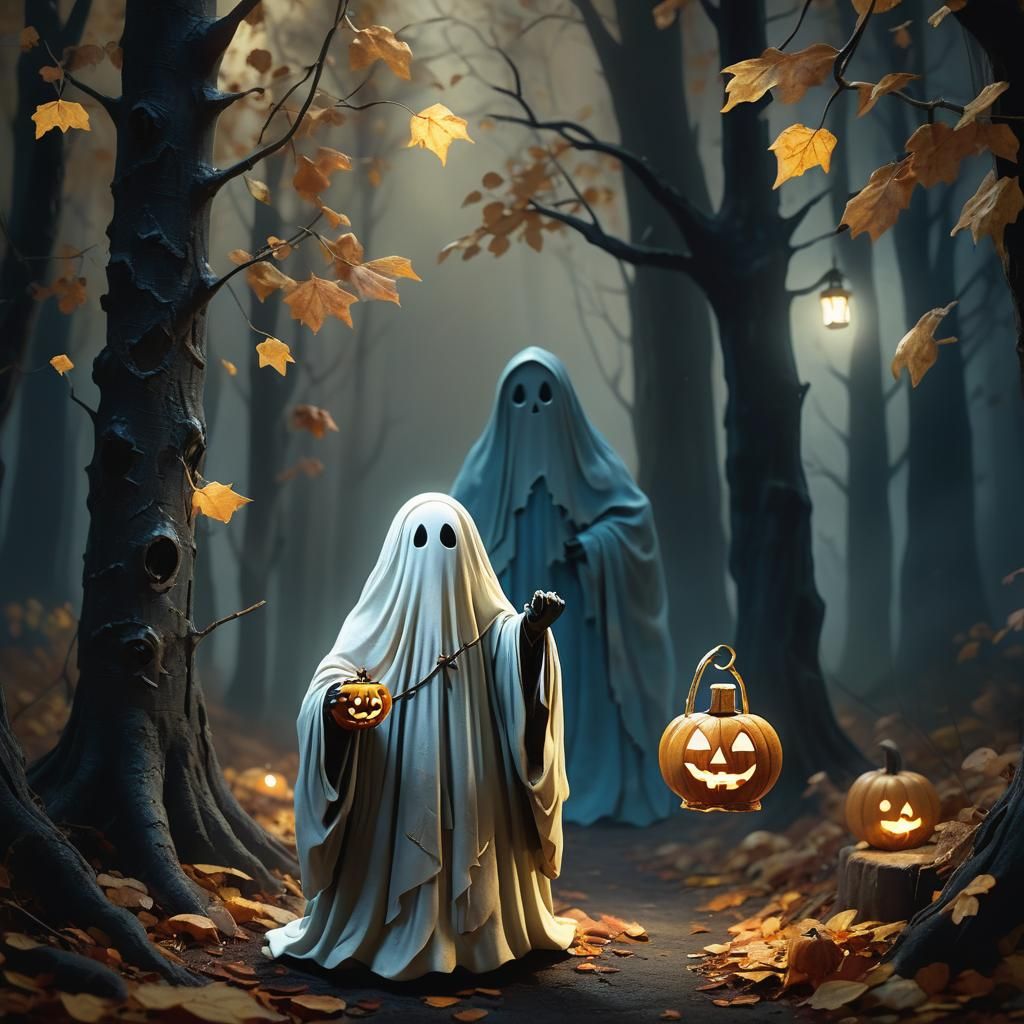 Ghost in Spooky Forest with Pumpkin Lantern