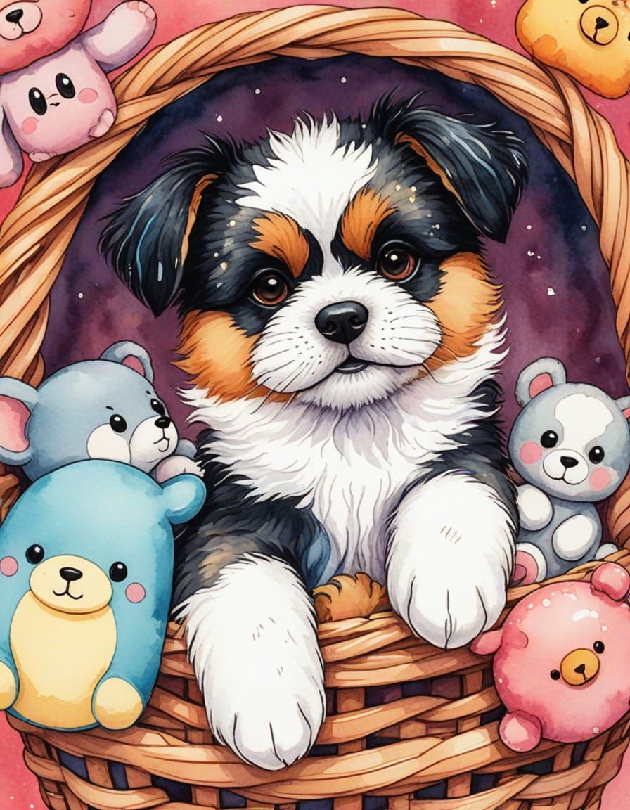 Cute Tricolored Dog in Basket: Watercolor Anime Painting