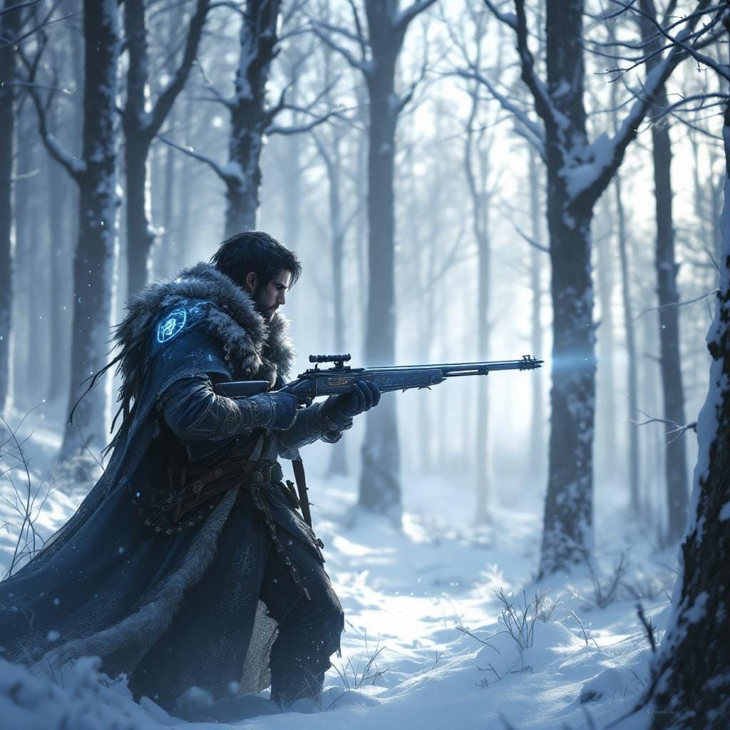 Fantasy Hunter in Winter Woods with Runes