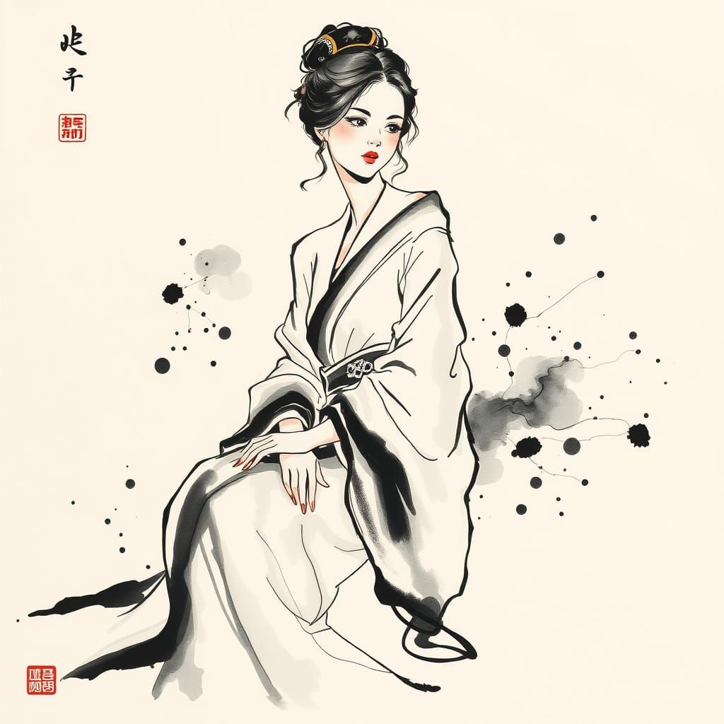 Elegant Woman in Sumi-e Ink Painting Style
