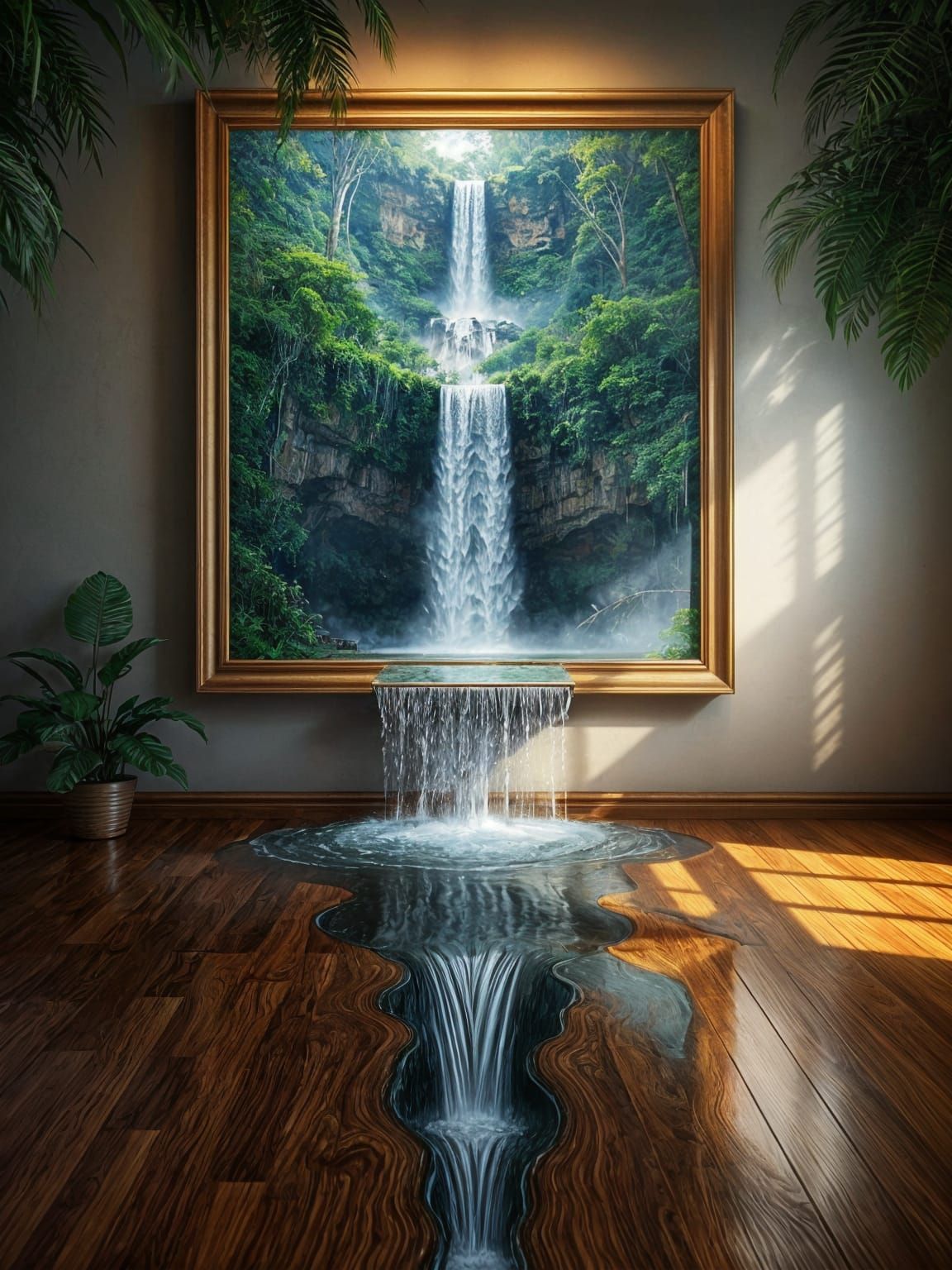 Surreal Waterfall Cascading From Framed Painting