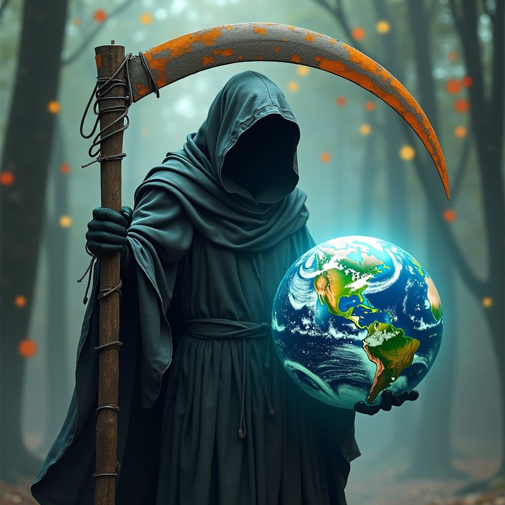 Grim Reaper Holding Earth: Fantasy Concept Art