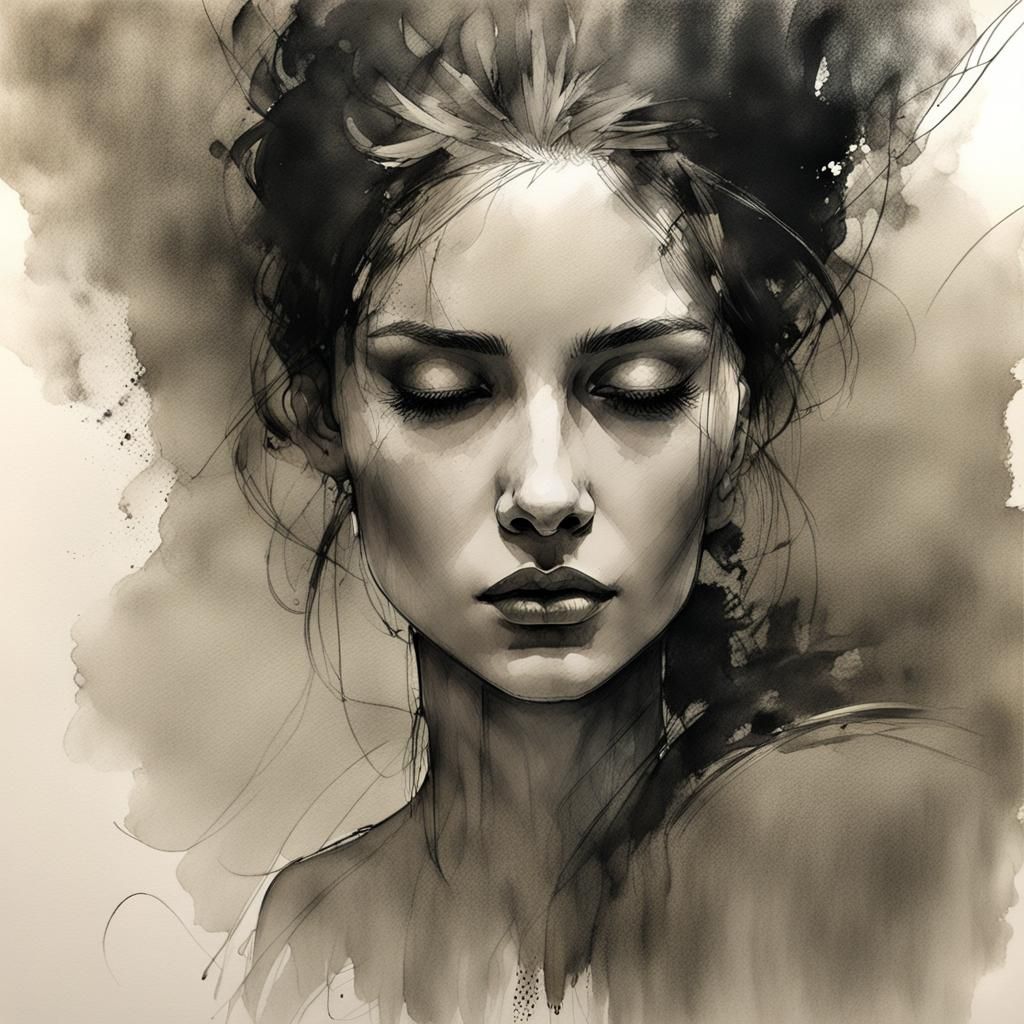 Misty Mountain Woman: Pen and Ink Wash Sketch