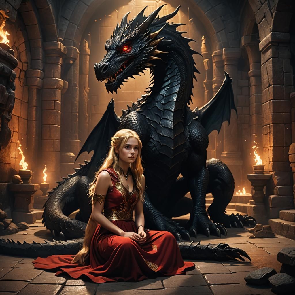 Girl and Dragon in Dungeon: Frank Frazetta Style