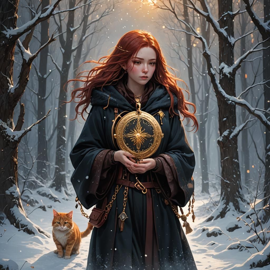 Snowy Forest Girl with Cat in Dark Fantasy Style