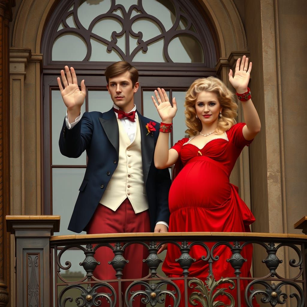 Edwardian Aristocrats Waving From Balcony, Romantic Style