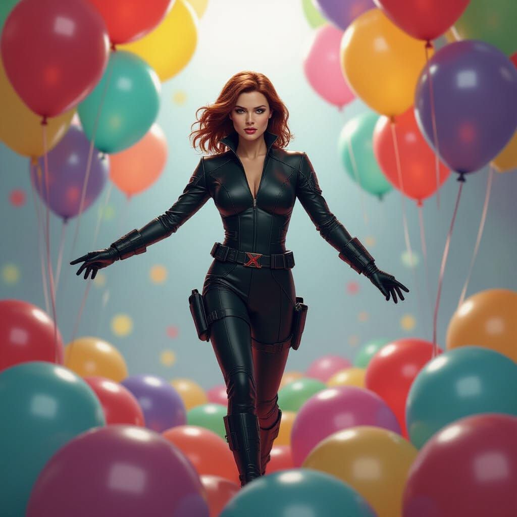Black Widow and Balloons, Graphic Illustration