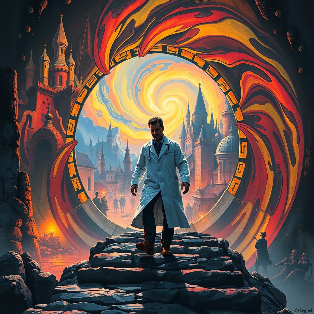 Scientist's Portal to Medieval Village: Digital Art