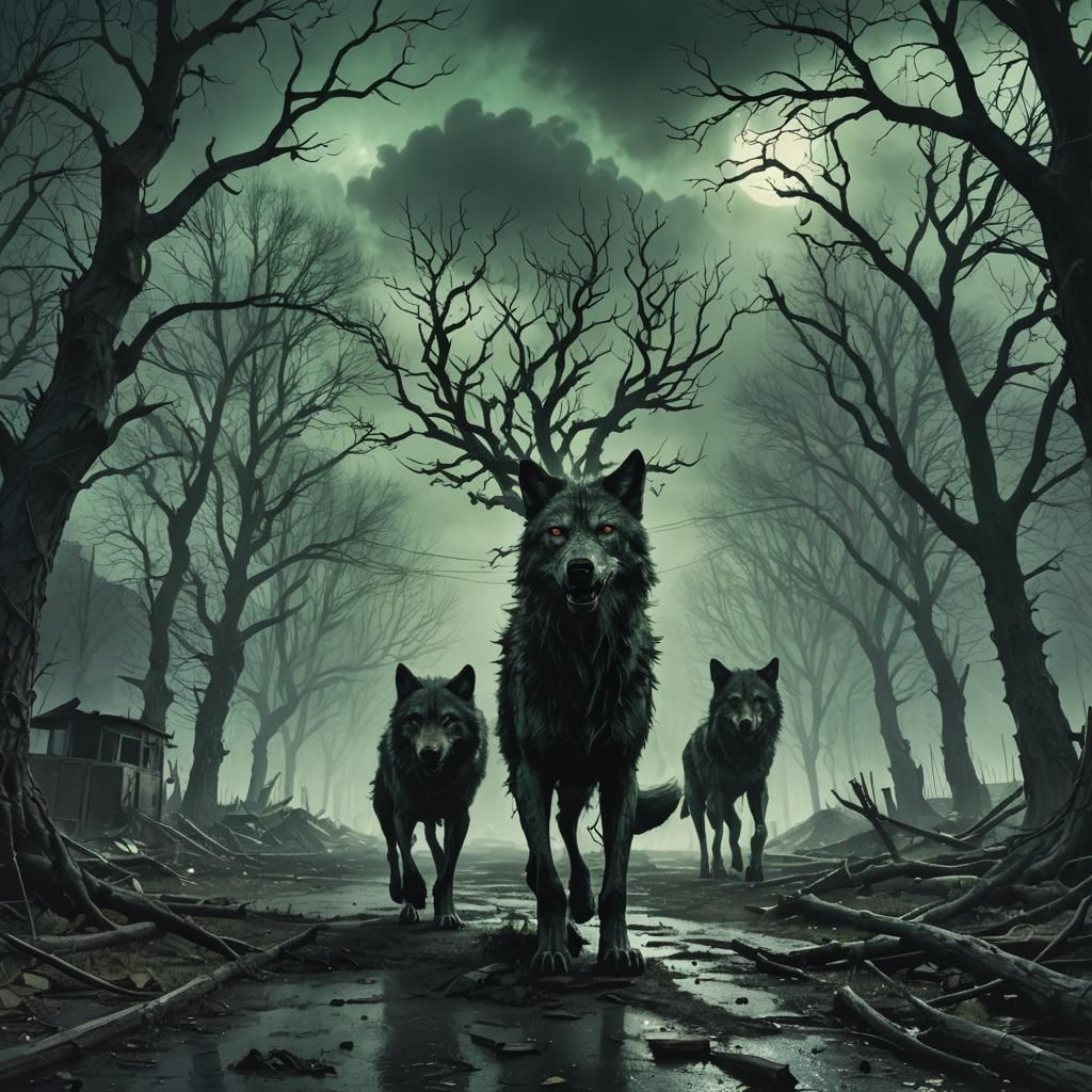 Mutant Wolves in Chernobyl: A Dark Fantasy Illustration