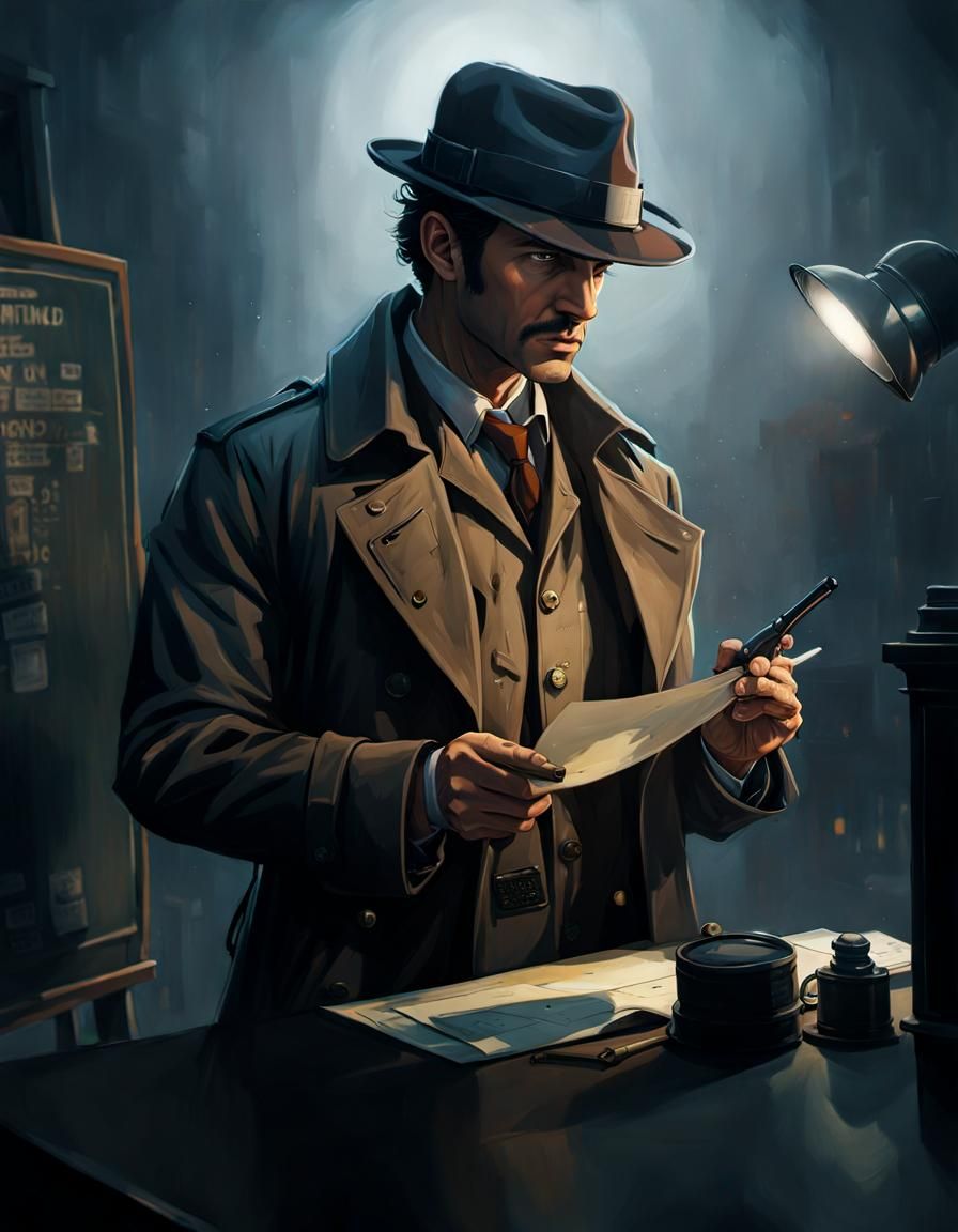 Detective Analyzing Crime Data with Ink Splatter Effects