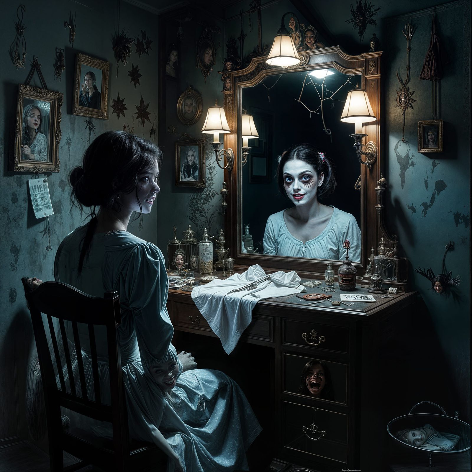 Grotesque Girl With Razor Teeth in Knickknack Room