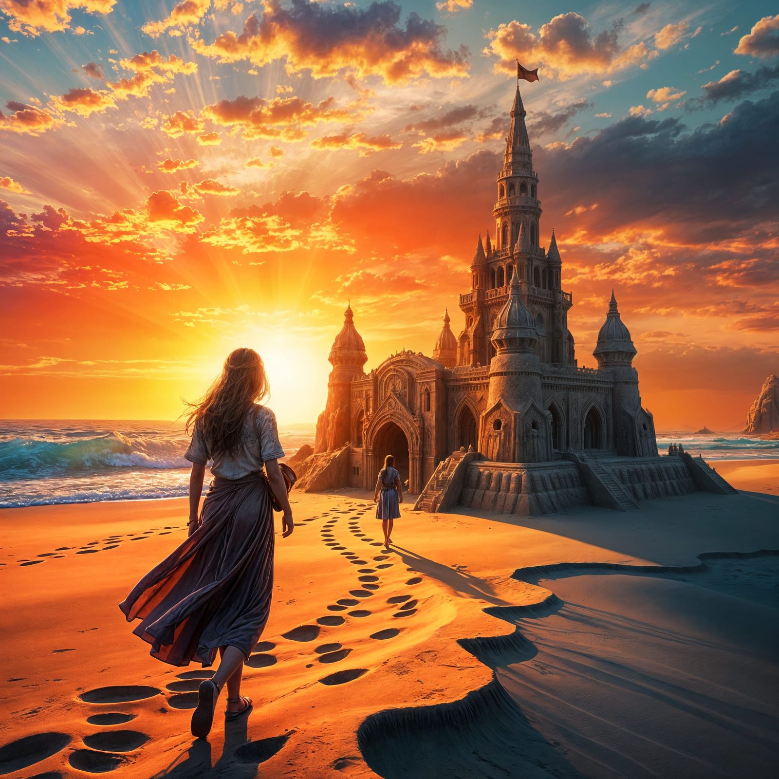 Watercolor Sandcastle at Sunset with Fractal Sunlight
