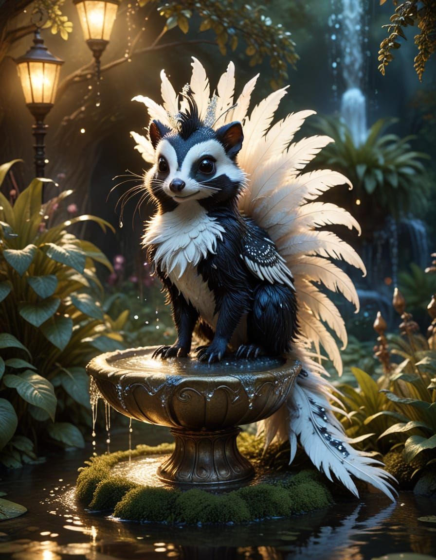 Whimsical Skunk Fountain in Magical Forest