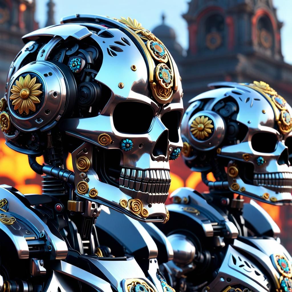 Mexican Sugar skull faced mecha bots celebrating Dia De Los Muertos, metal flowers , intricate mech details, ground le...