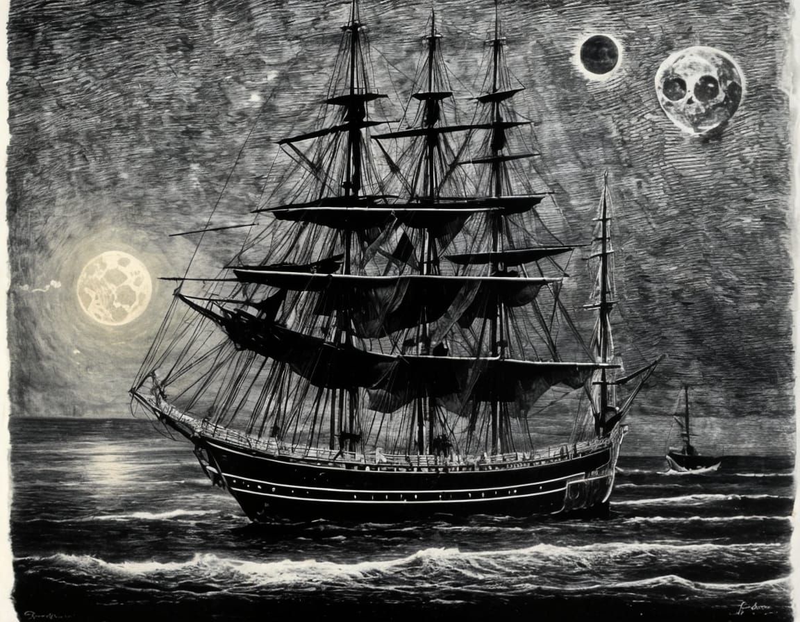 Ghostly Pirate Galleon Under Full Moon, Surreal Art