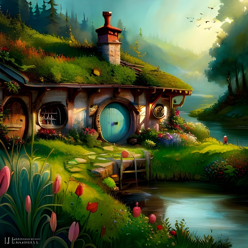 Hobbit Home Near River: Enchanted Digital Photography