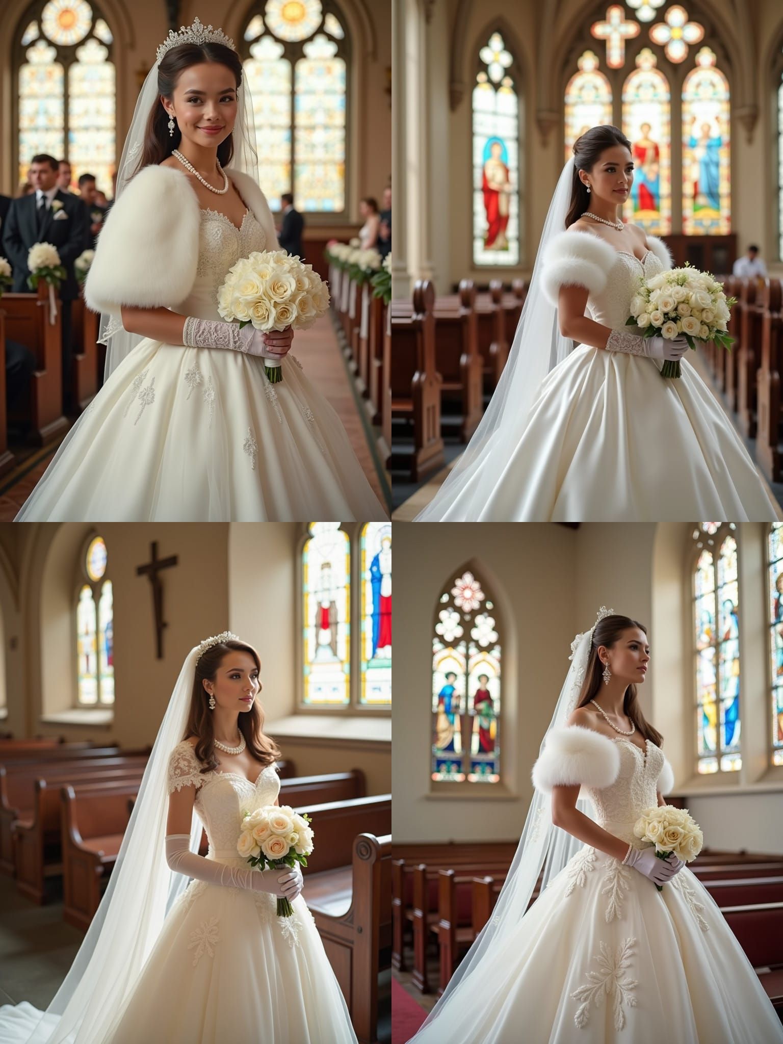 Elegant Bride in White Satin and Lace Gown