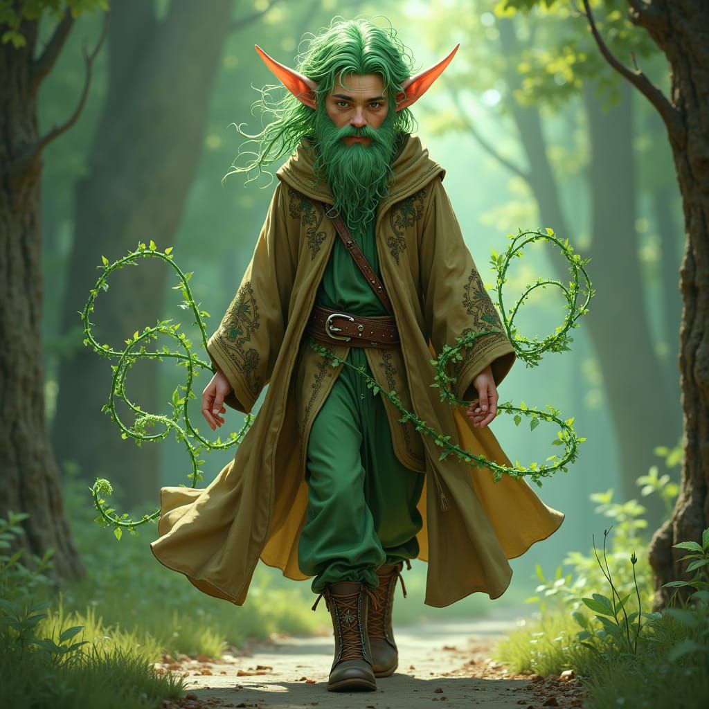 Enchanting Half-Elf with Green Magic, Fantasy Art