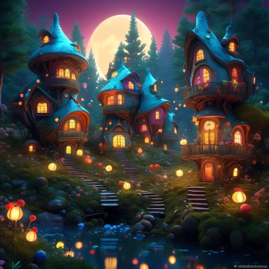 Cute Stump Houses in Forest, Candy Art Style