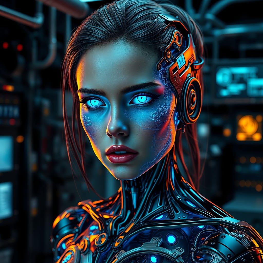 Glowing Circuitry Goddess in Cyberpunk Utopia