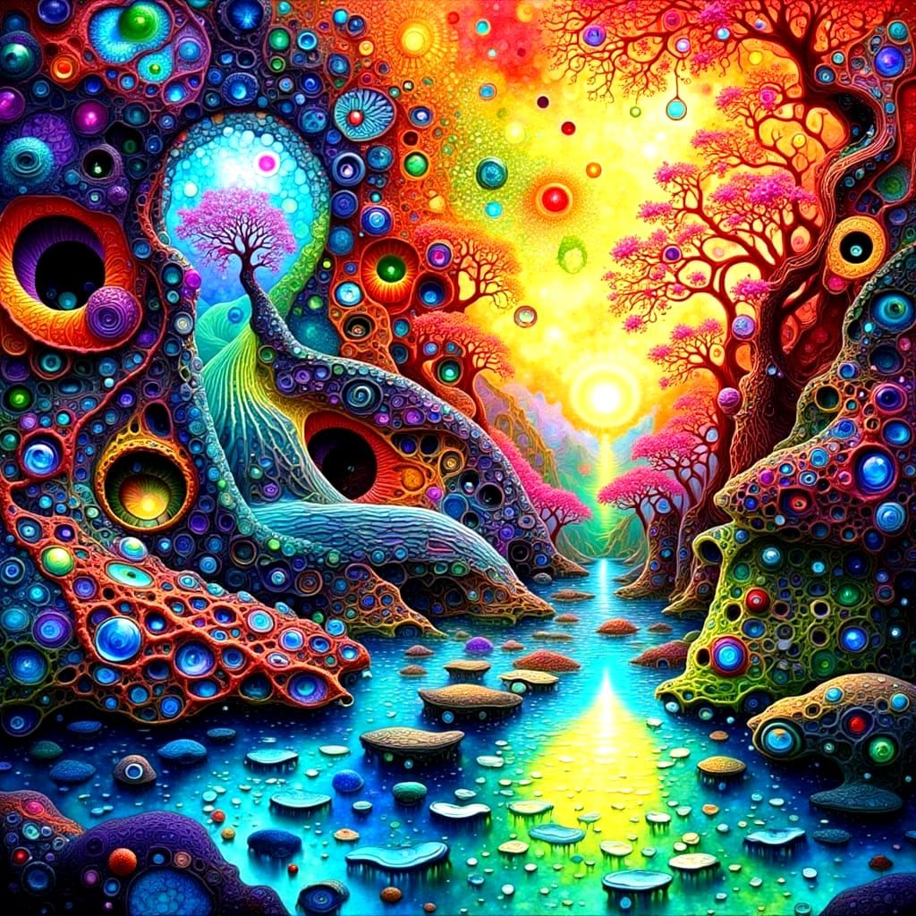 Hundertwasser-Inspired Architecture with Neon Amoeboid Life