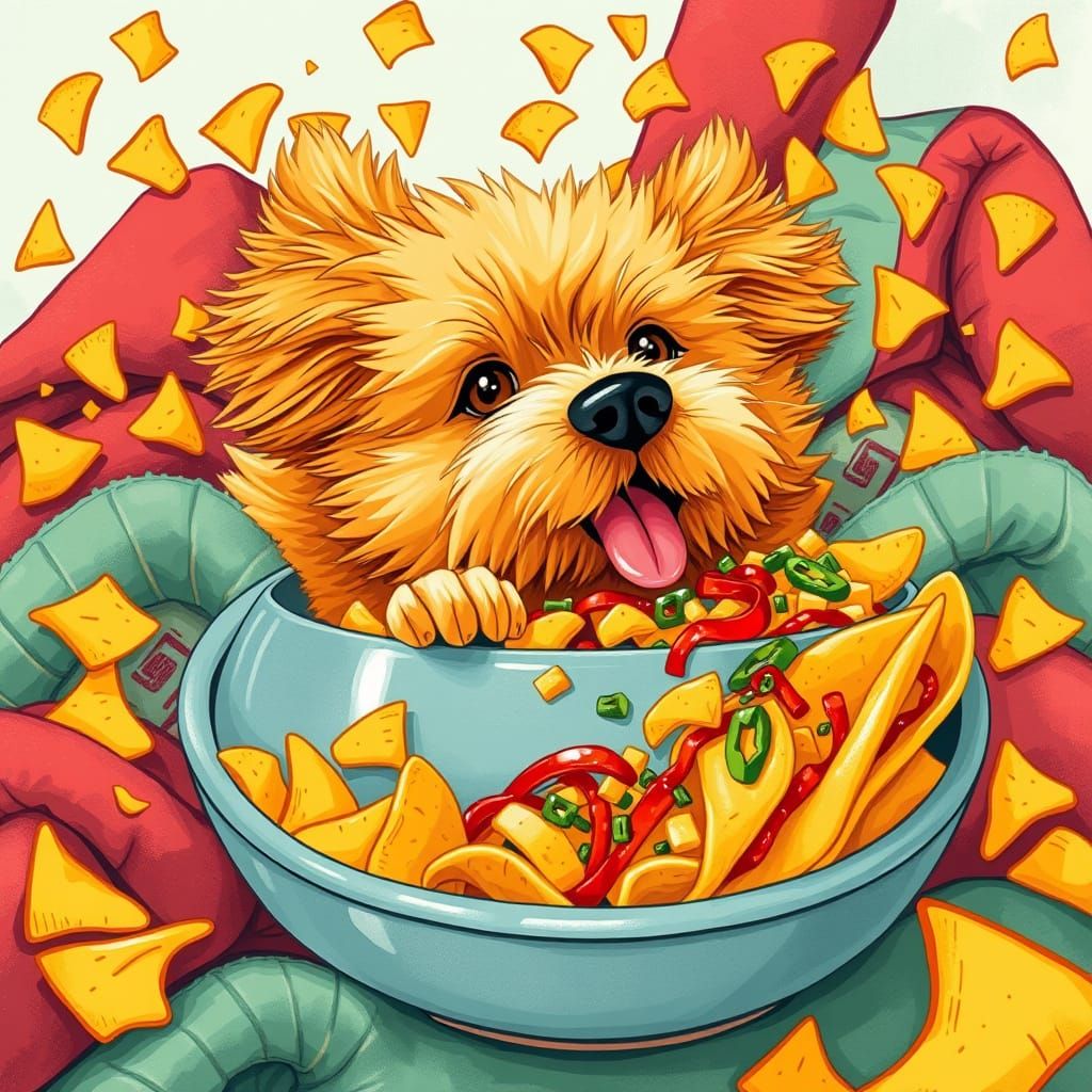 Golden Dog Dives Headfirst into a Colorful Taco Bowl