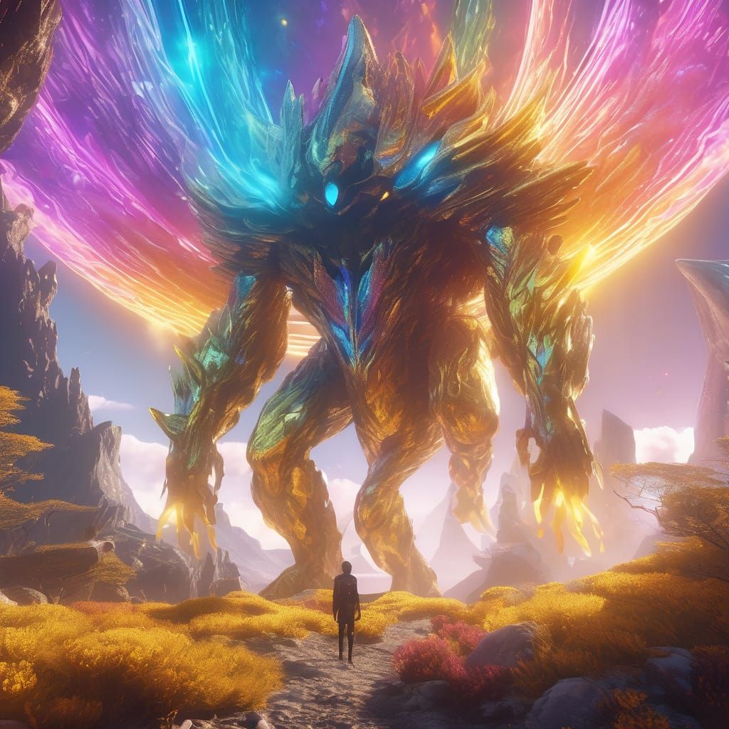 Reactive Gold Rainbow Character in Fantasy Landscape