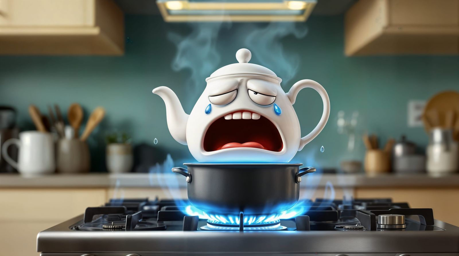 A Distressed Cartoon Teapot in Hyperrealistic Close-Up